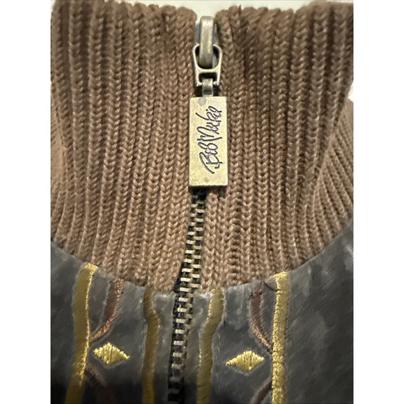 Bob Mackie Jacket Wearable Art Lrg Brown Leather/Knit Western Embroidered Zip - Picture 2 of 14